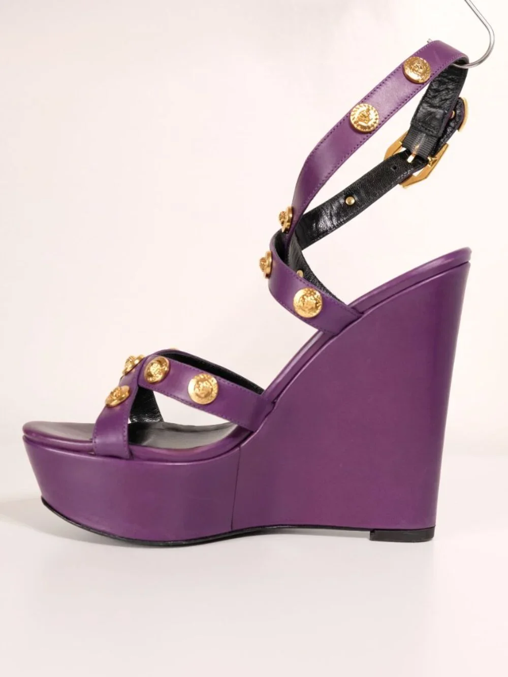 Versace Medusa Studded Platform Wedge Sandals, Royal Purple, size